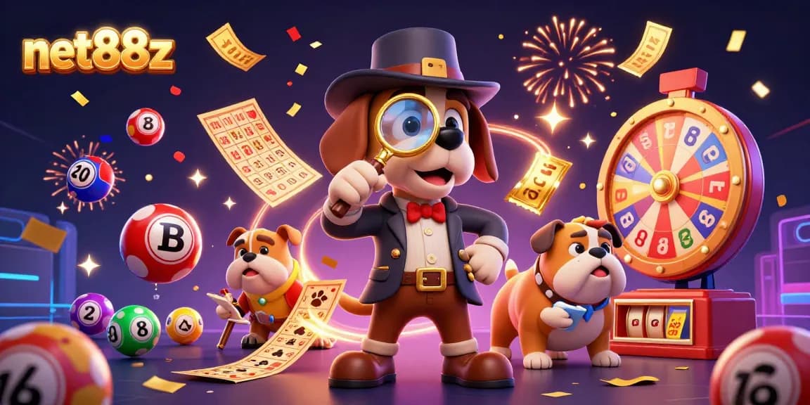 Experience the thrill of net88z with a cartoon detective uncovering poker secrets among vibrant lottery elements.
