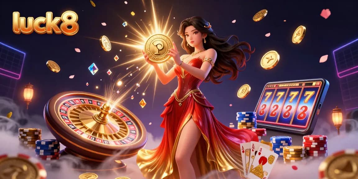 Experience thrilling casino action with luck 8 as golden coins rain down and vivid game elements surround a stunning character.