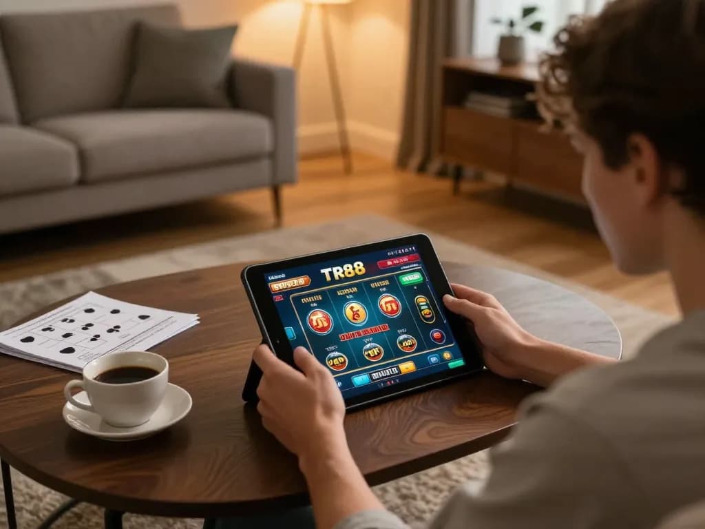 Player engaging with Tr88 online casino platform at home, surrounded by strategy notes