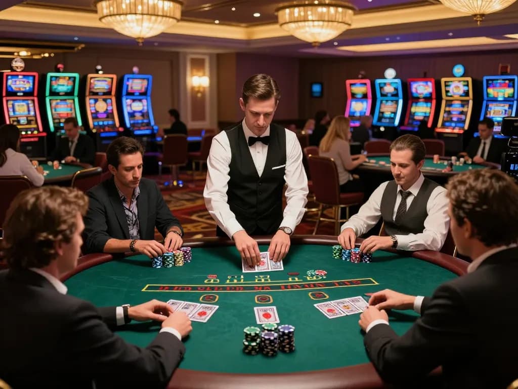 CM88 players strategizing over an intense blackjack game at an upscale casino table