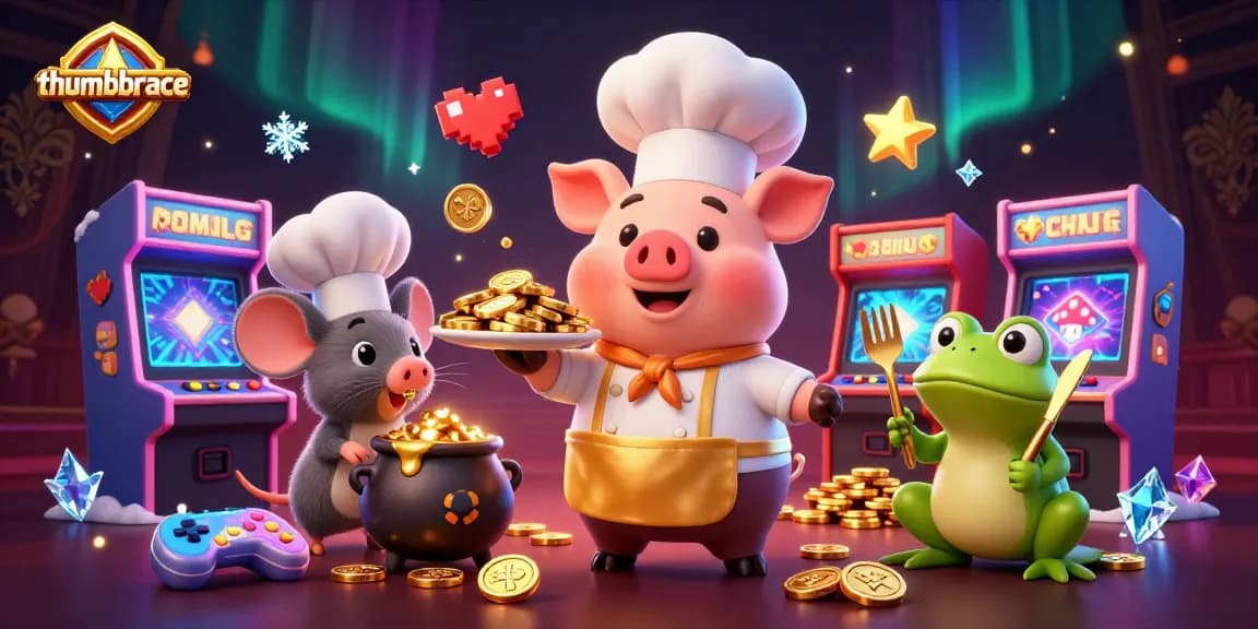 Experience exhilarating gaming with thumbbrace in this vibrant casino scene featuring whimsical characters and luxurious motifs.