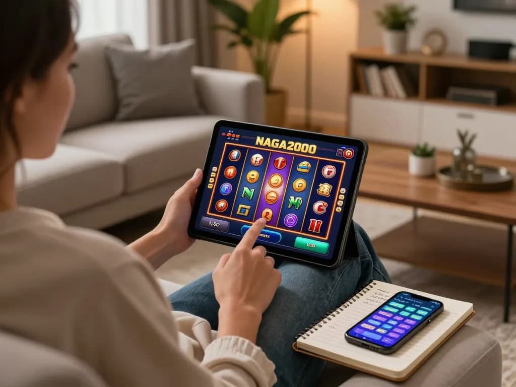 NAGA2000 slot game showcased on a tablet in a cozy living room setting, emphasizing relaxed online gambling.