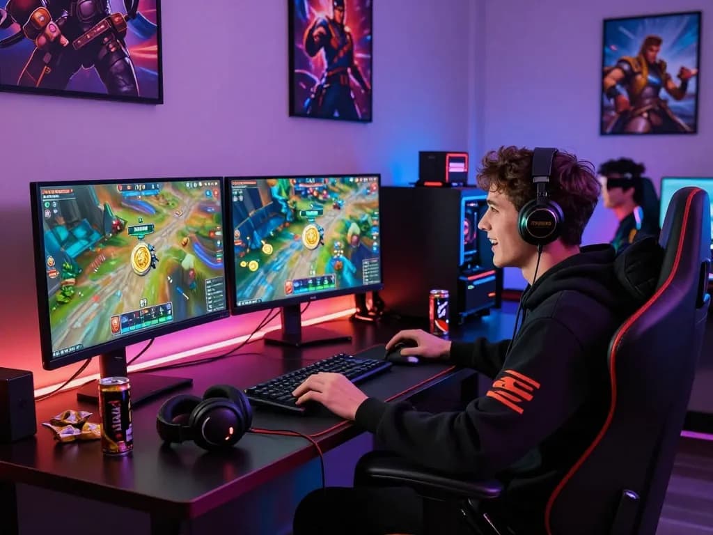 Exciting gaming setup featuring vibrant screens from 79king.fail, gamer enjoying immersive online experience.