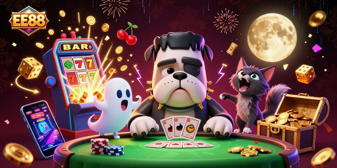 EE88 offers a thrilling casino experience with dynamic 3D characters at a vibrant gaming table.