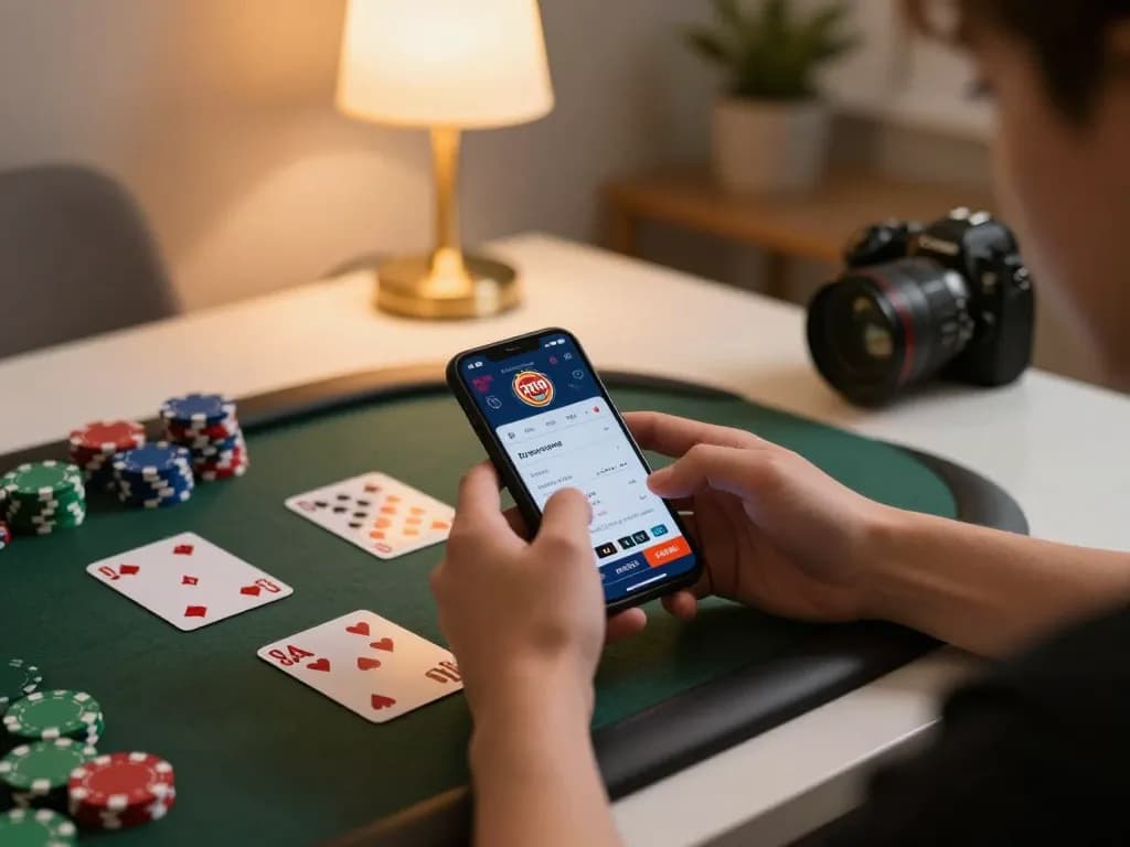 Engaged player using Qh88 EU app on smartphone, showcasing a vibrant online casino atmosphere.