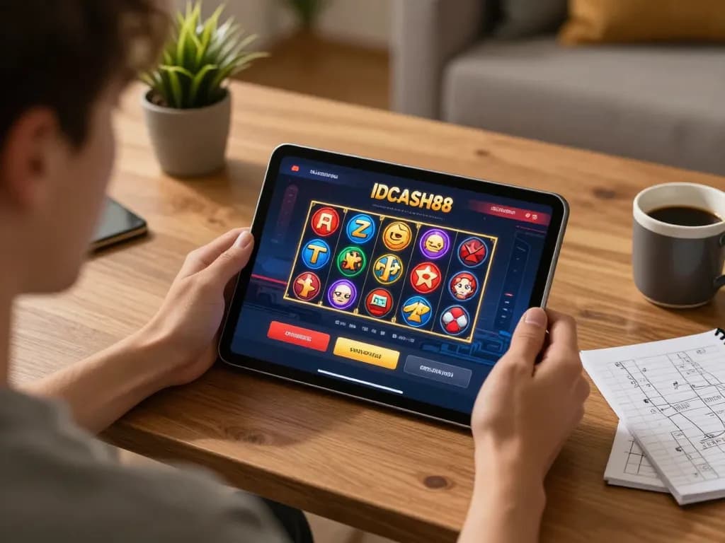 Experience thrilling online gaming with IDCASH88 showcasing interactive slots and poker in a cozy home setting.