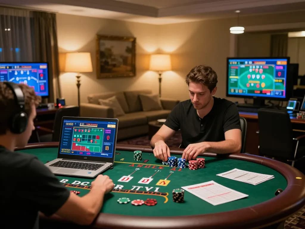 Person enjoying non UK casinos online, engaging in live dealer blackjack game at home.