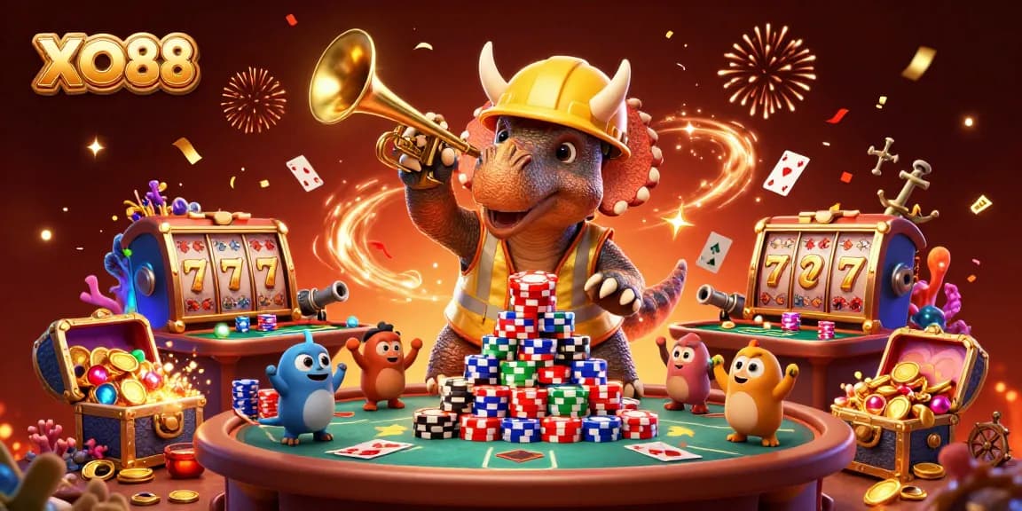 Celebrate with XO88 as a triceratops builds poker chip pyramids amidst dynamic gaming elements.
