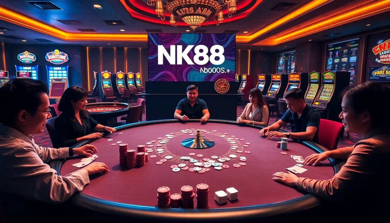 Experience thrilling bets with NK88.BOO at a vibrant casino table adorned with exciting games.