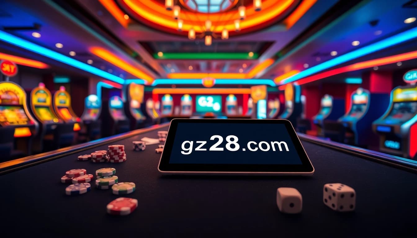 A dynamic gaming scene at g28-offical.com featuring poker chips, dice, and slot machines enhancing the online casino experience.