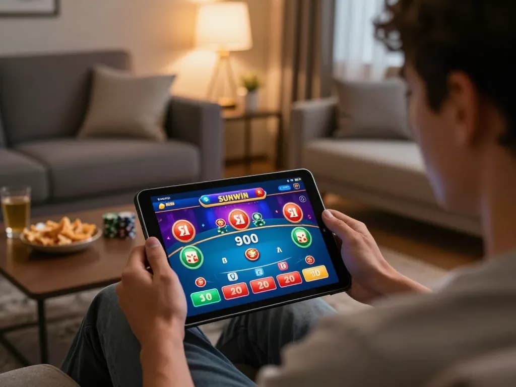 Engaging moment of a player using the Sunwin app for online casino gaming on a tablet, showcasing a cozy home atmosphere.