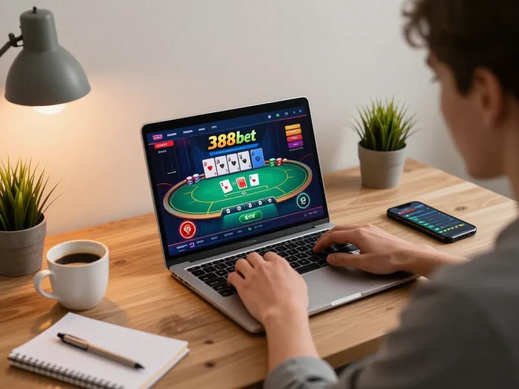 Playing an exciting poker game on 388bet with strategic notes and modern decor.