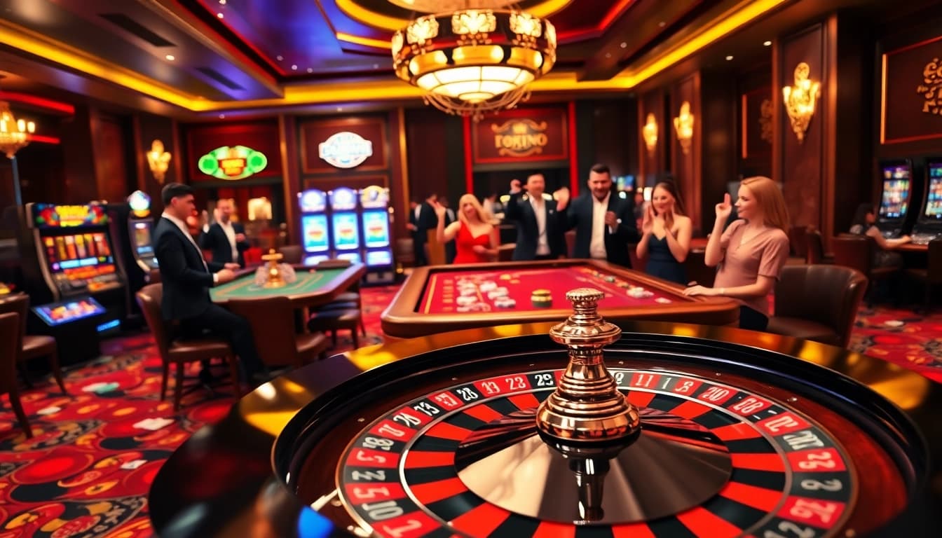 Experience the excitement of gambling at OKFUN with vibrant casino visuals and lively players.