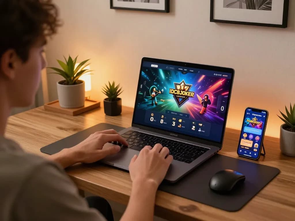 Player engaging in online gaming at IDC88JOKER with vibrant graphics and personal decor.