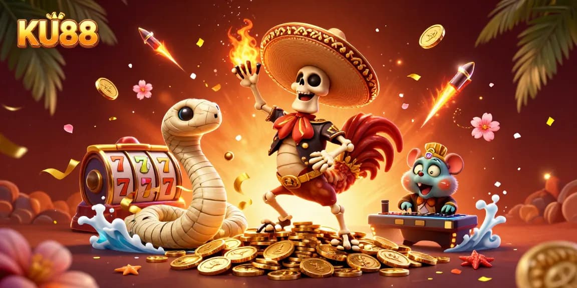 Experience big wins at KU88 with a vibrant 3D casino scene showcasing celebration and excitement.