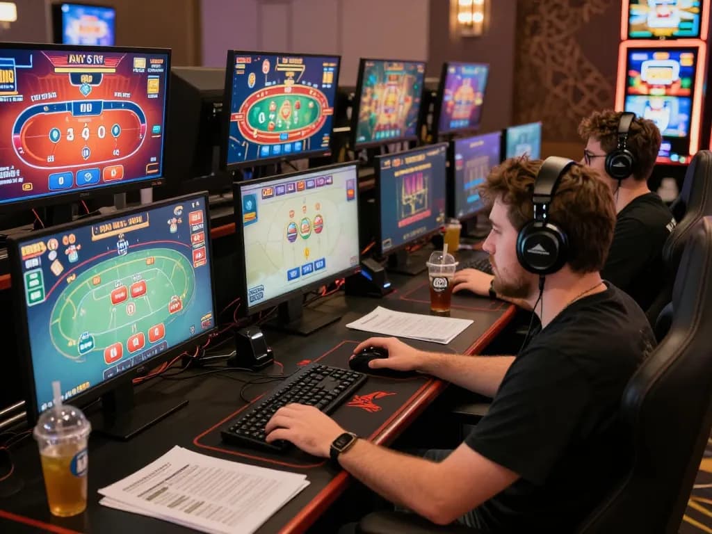 Engaging online gaming session at F8BET, showcasing multiple casino games on screens and strategic notes