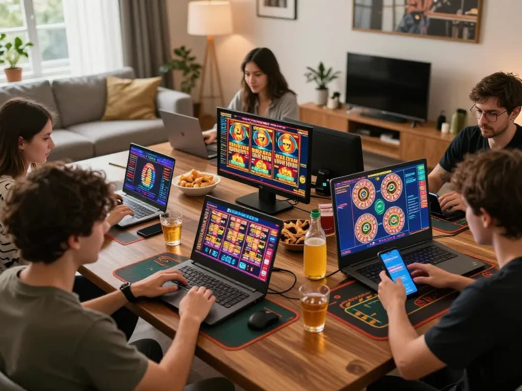 Engaged players enjoying online casino gameplay at home using ww88 platforms, displaying vibrant screens and snacks nearby