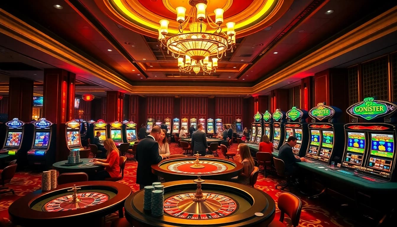 Exciting casino scene featuring go8.monster branding with poker chips, roulette tables, and vibrant slot machines.