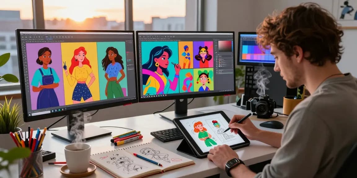 Creative NSFW AI character design in digital art studio with artist sketching.