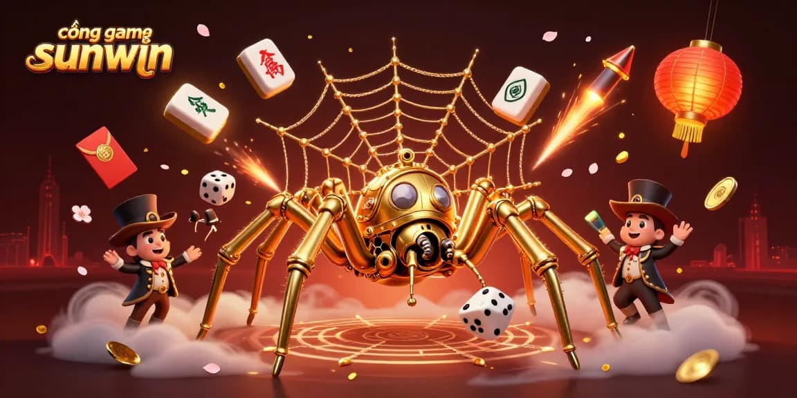 Catching unlucky dice in the web, cổng game sunwin showcases a steampunk spider's golden labyrinth of fortune