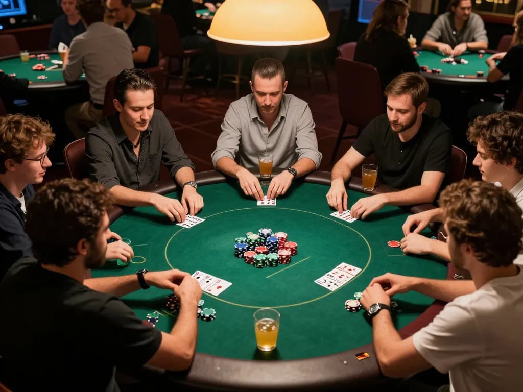 F8BET players engaging in an intense home poker game, showcasing colorful chips and focused strategy.
