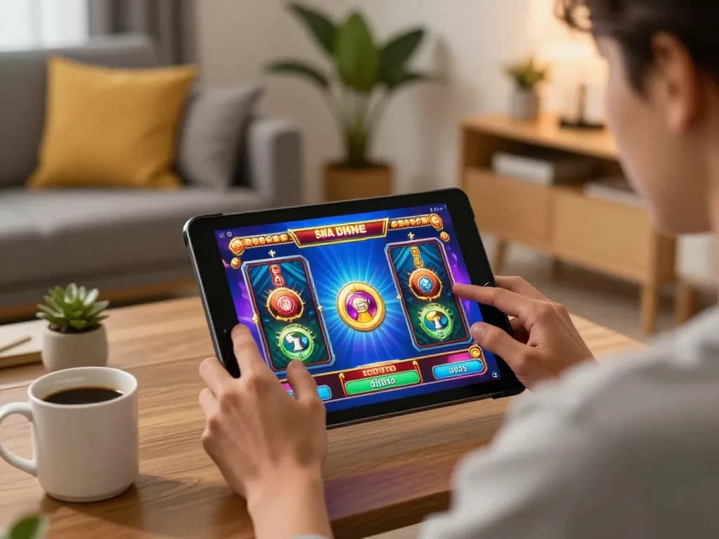 Engaged player enjoying IDC88JOKER slot games on a tablet in a cozy home setting.
