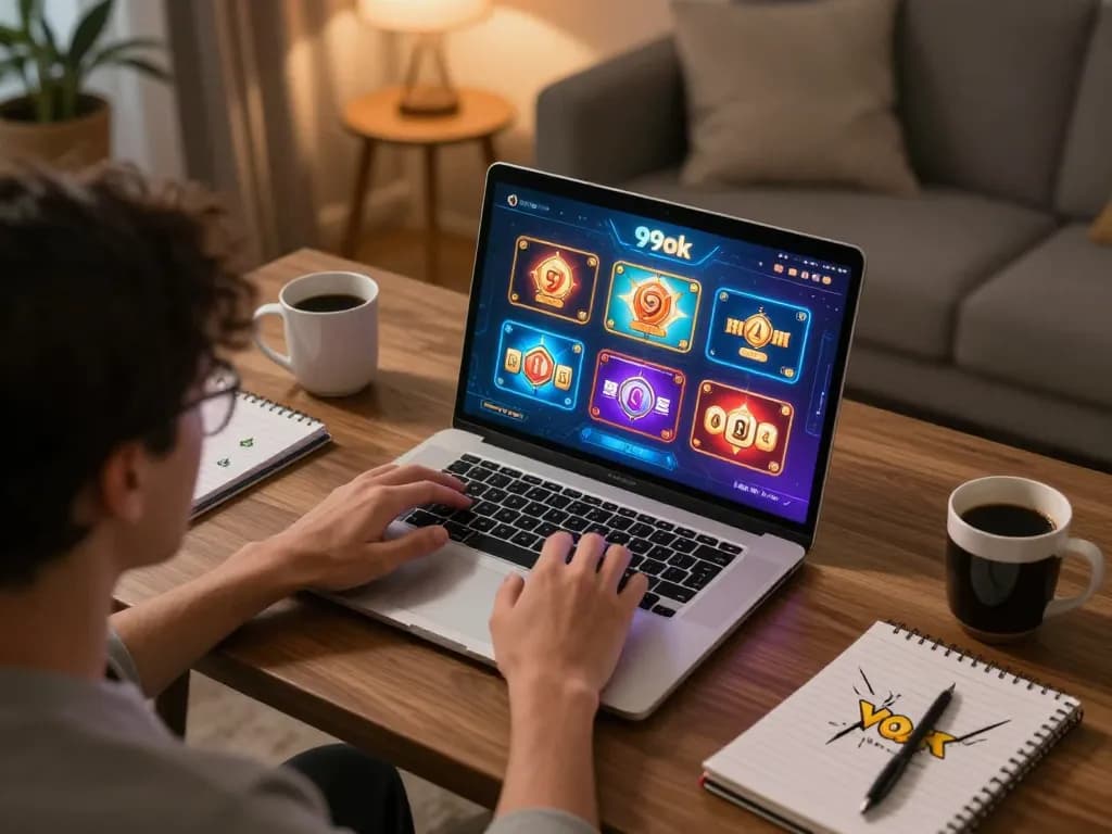Person engaging in online gambling at 99ok using a laptop in a cozy home setting
