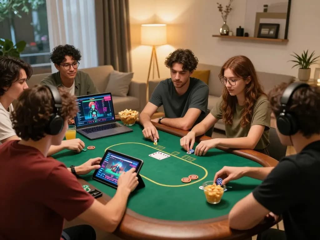 Engaging gameplay of MPOID poker on tablet amidst friends discussing strategy in cozy setting