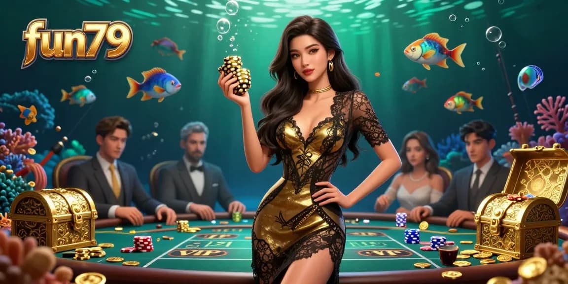 Experience the excitement of fun79 with a beautiful Asian woman at a high-stakes fishing game.