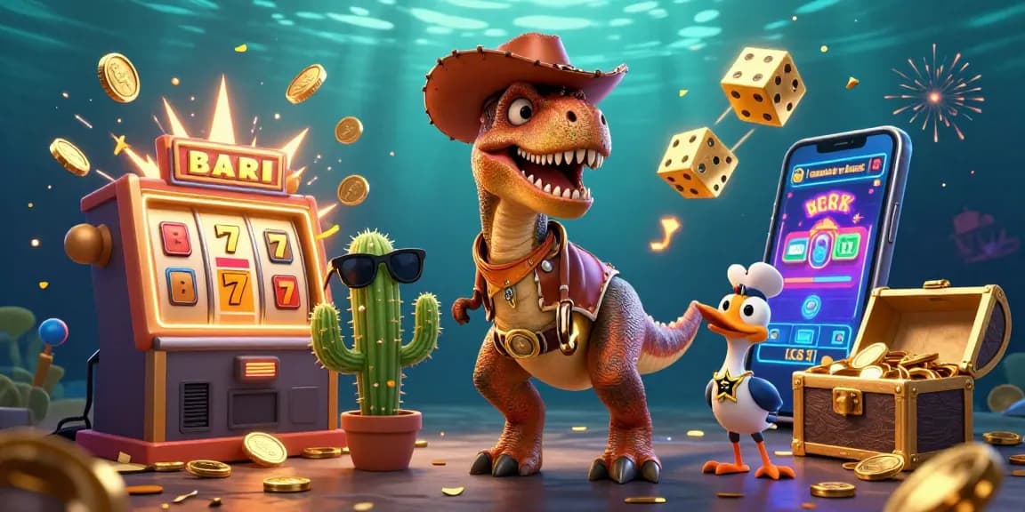 Spin the reels with batara88 daftar in a vibrant 3D casino scene, featuring cartoon characters and slot elements.