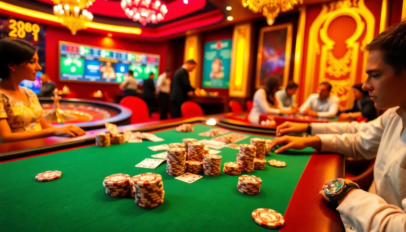 Experience NK88 with a thrilling poker game featuring colorful chips and intense players.