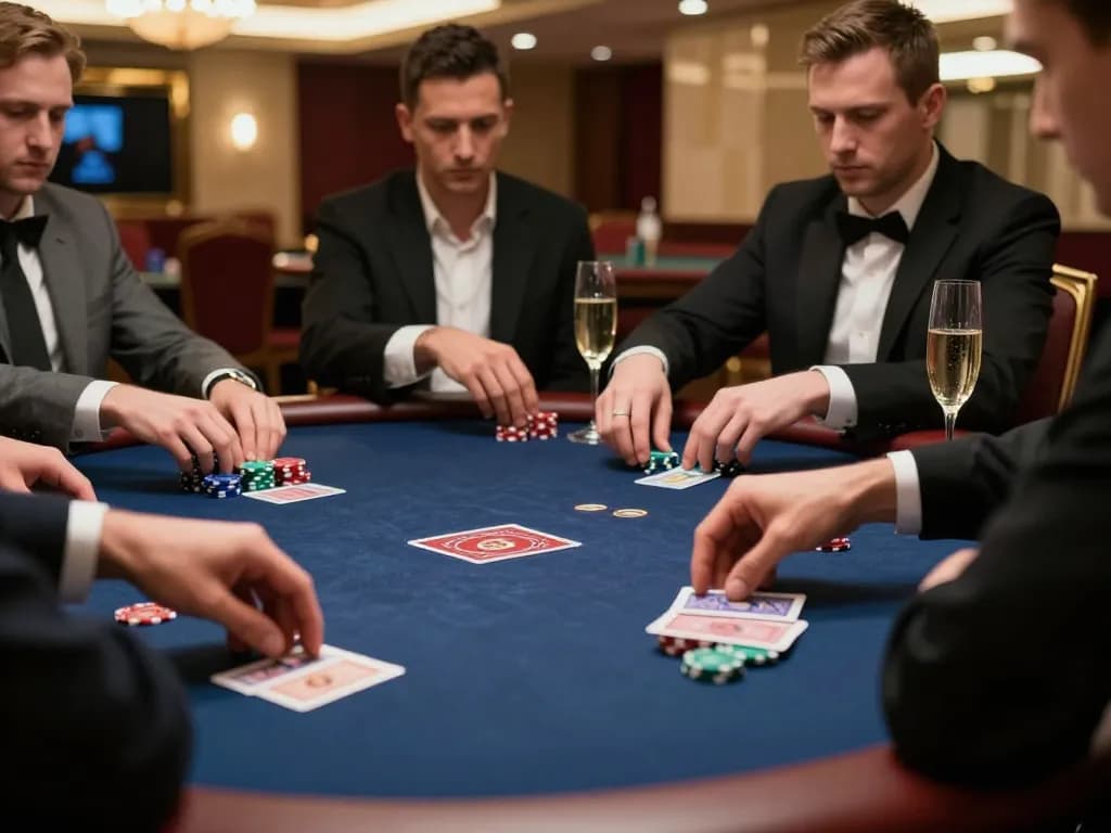 LV88 players enjoying a high-stakes poker game in a luxurious casino setting.