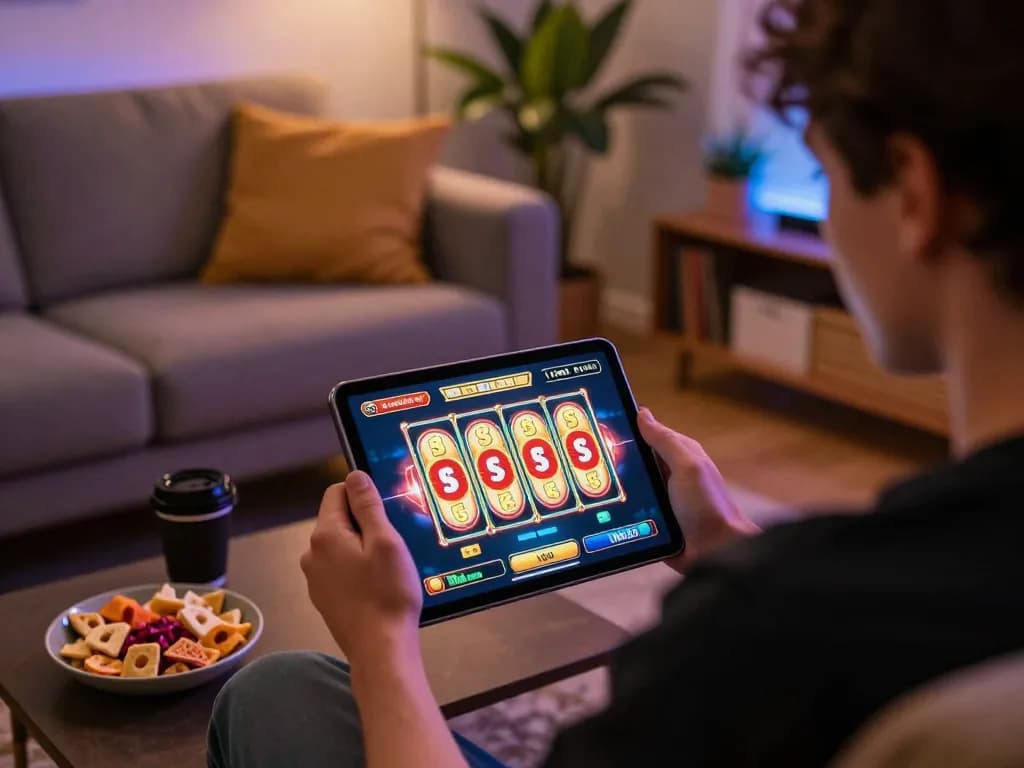 Pengguna Bintangmpo menikmati putaran slot online yang mendebarkan di tablet dalam suasana rumah yang nyaman