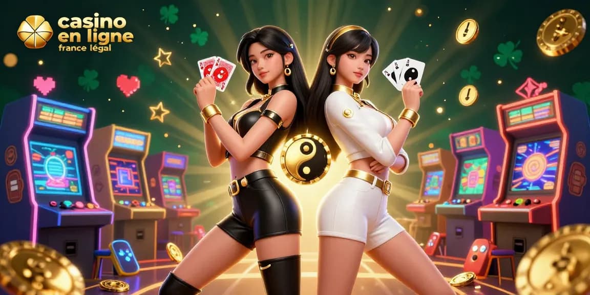 Plongez dans l'atmosphère palpitante des jeux de casino avec des personnages élégants, mettant en valeur le casino en ligne France légal.
