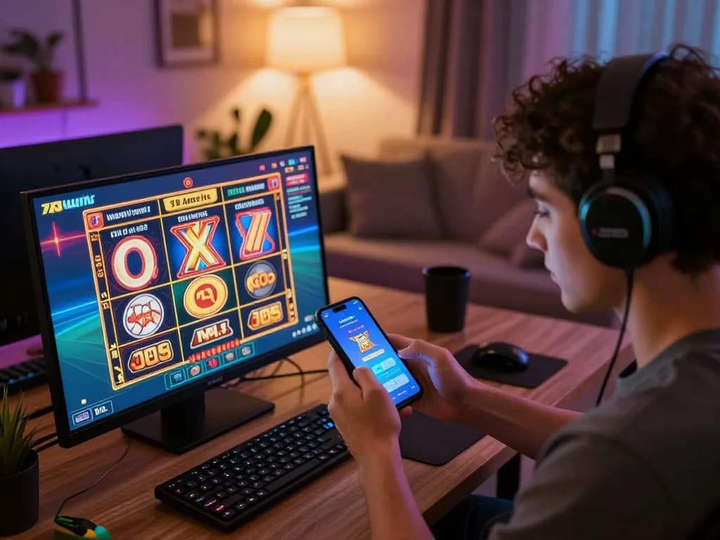 Player engaging with the 78win app in a cozy home setting, highlighting the excitement of online gambling