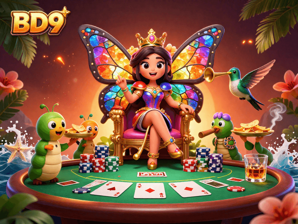Experience BD9's vibrant poker scene featuring a butterfly queen surrounded by colorful chips and gaming elements.