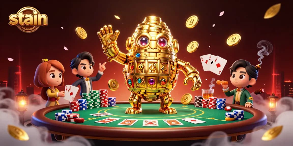 Engage in thrilling casino action with a stained 3D golden golem, poker chips, and card elements.