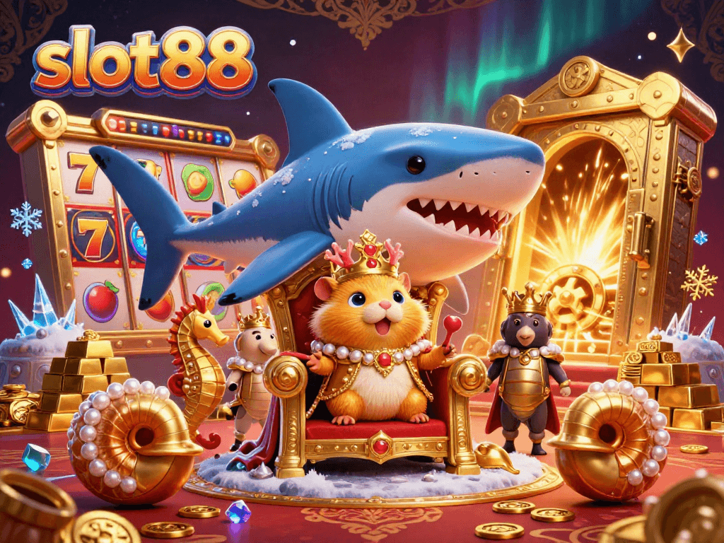 Experience the thrilling slot88 adventure with a hamster king and royal guards amidst a dazzling treasure vault.
