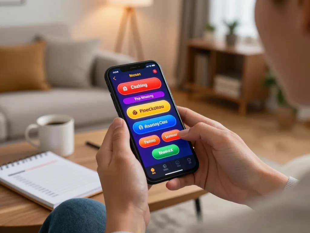 Engaging mobile casino experience with vipwin app on smartphone amid comfortable home setting
