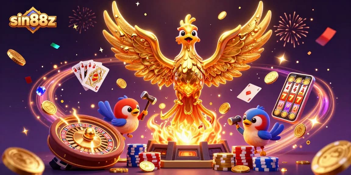 Join the excitement with sin88z as golden coins rain down in a vibrant casino scene.