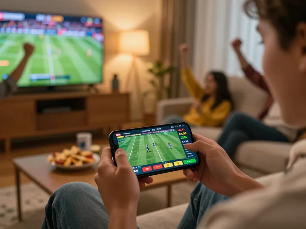 Nyalabet user engaging in online sports betting with phone and live sports app in a cozy home setting.