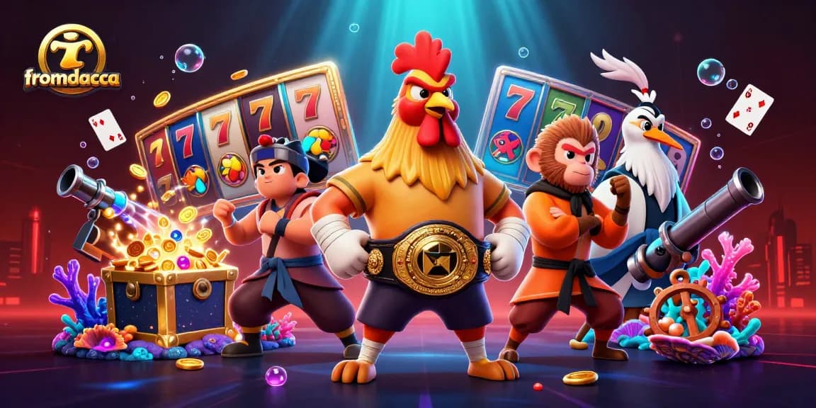 Engage in thrilling casino excitement with fromdacca featuring vivid characters, slot reels, and underwater treasures.