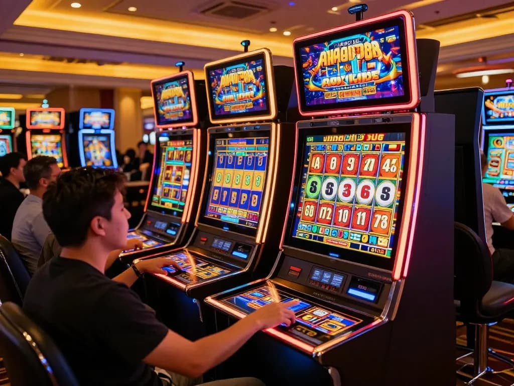 Rasakan keseruan di aman788 saat pemain memutar mesin slot berwarna-warni dalam suasana kasino yang hidup.