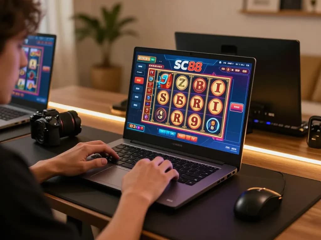 Player enjoying online gaming experience at SC88, showing vibrant casino interface on laptop