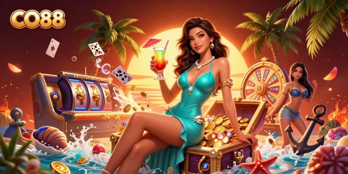 Experience thrilling gameplay at CO88 with vibrant slots and a lively beach resort atmosphere.