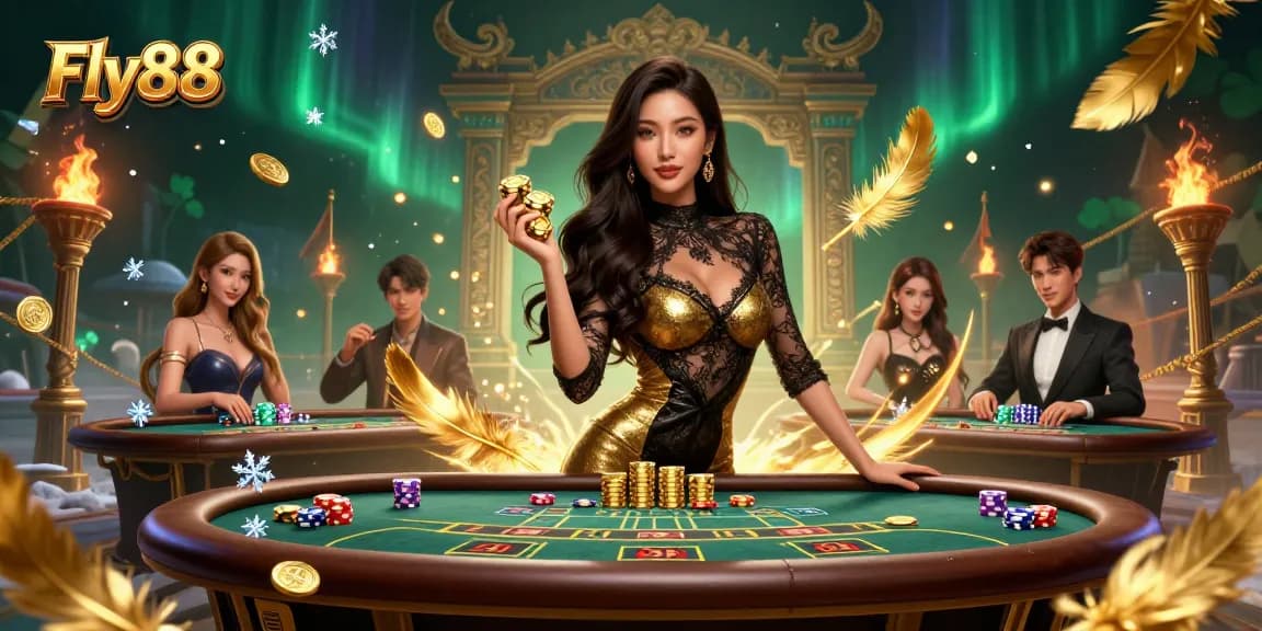 Experience the excitement of gambling at Fly88 with a glamorous player at a VIP baccarat table.