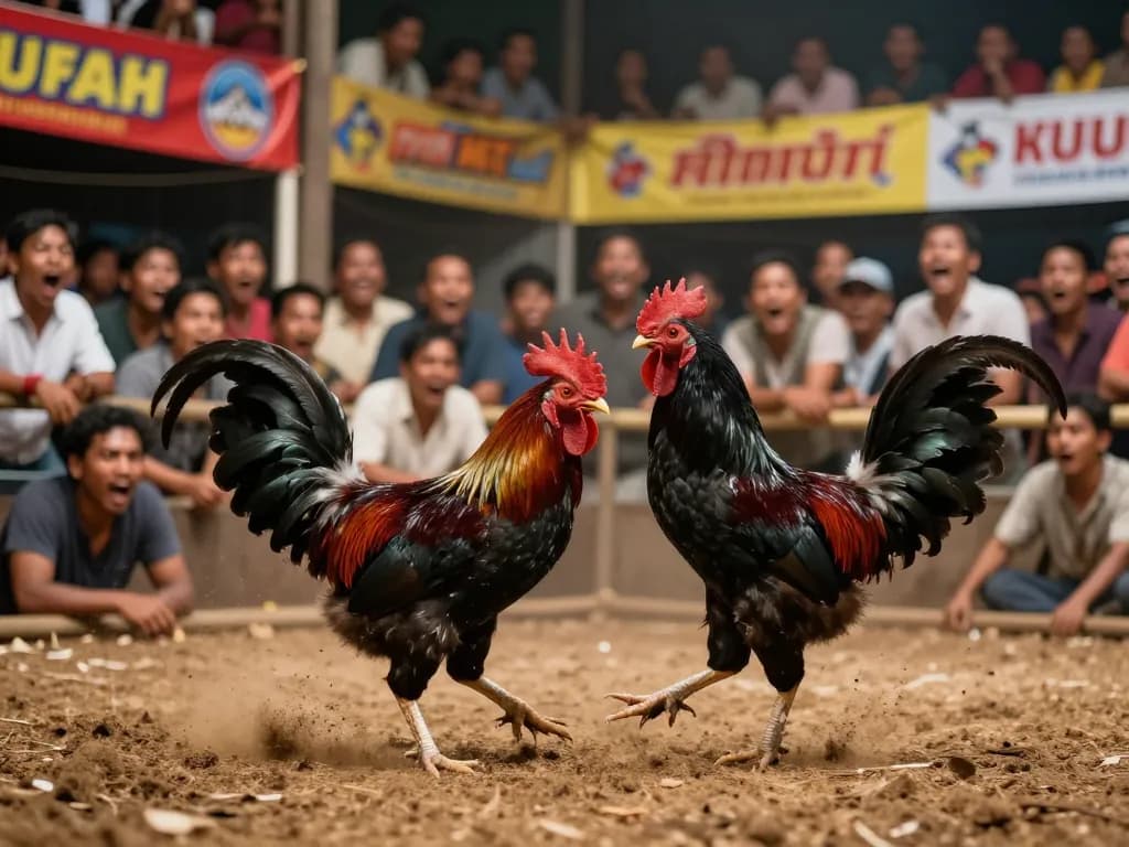 Watch a riveting đá gà trực tiếp c3 match with powerful black roosters in action, surrounded by excited spectators.