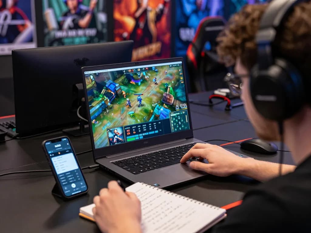 Gamer uses TR88 for strategic esports betting with intense focus on laptop and smartphone