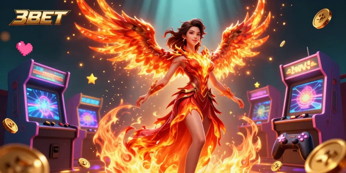 Experience gambling thrills with the 3BET gaming scene featuring a fiery phoenix and arcade elements.
