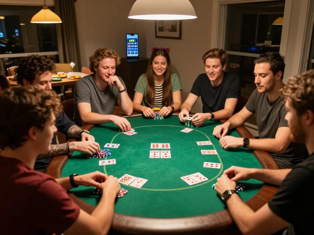 Friends enjoying a lively poker game while exploring sunwin betting options on a smartphone.